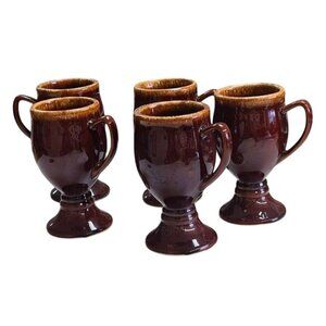 Vintage USA Brown Ceramic Footed Mugs Set 6 With Handles Rustic Coffee Teacups